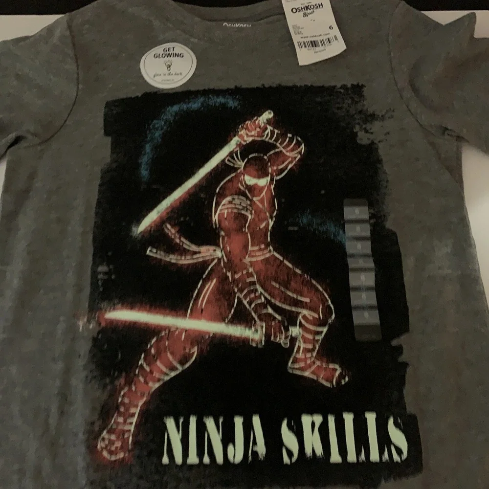 Oshkosh Boys Ninja S/S Glow in the Dark Tee T Shirt Gray 🆕 [Boy's Size 6] NWT‎